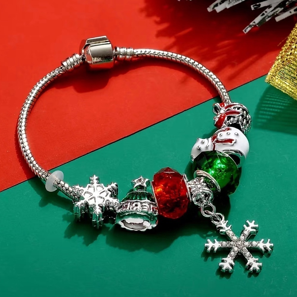 Christmas Charm Bracelet Barrel Charms Multi Color Dangle Glittering Snowflake - Picture 7 of 16